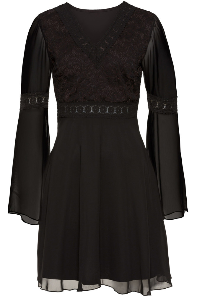 Black Lace Chiffon Patchwork Bell Sleeve Dress