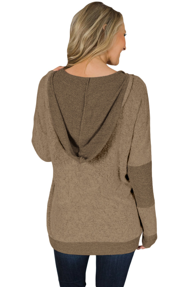 Brown V Neck Patchwork Design Hoodie