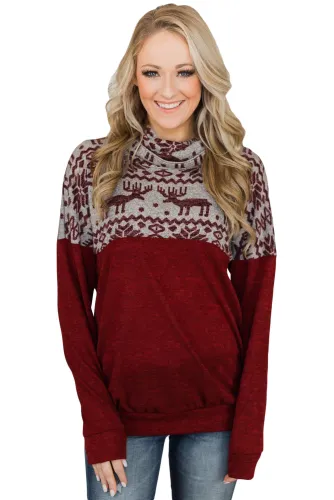 TOUCH OF CHRISTMAS REINDEER COWL NECK TOP BURGUNDY