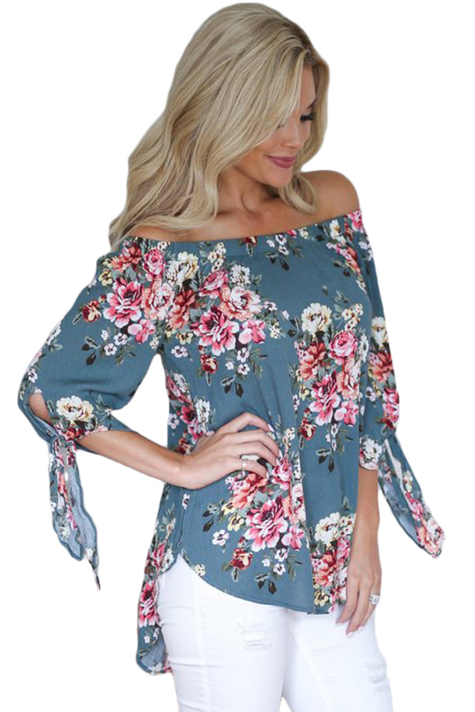 Sage Blue Floral Elastic Off Shoulder Top