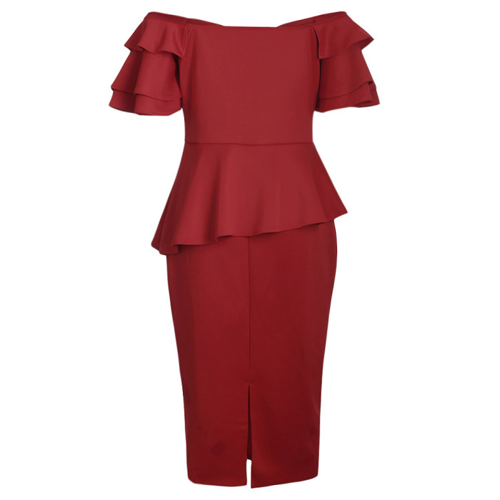 Burgundy Plus Size Tiered Sleeve Twisted Peplum Dress