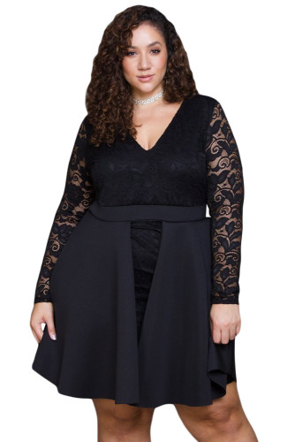 Black Floral Lace Patchwork Flared Curvy Dress