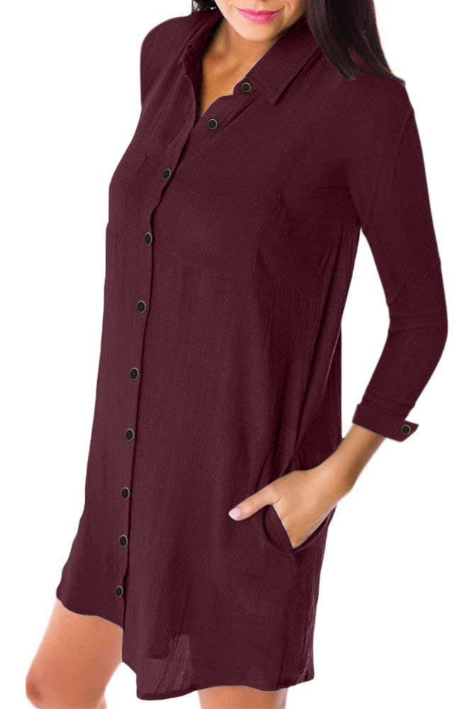 Burgundy Long Sleeve Button Down Crepe Shirt Dress
