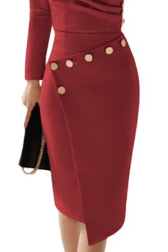 Asymmetric Button Detail Burgundy Ruched Midi Dress