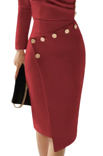 Asymmetric Button Detail Burgundy Ruched Midi Dress