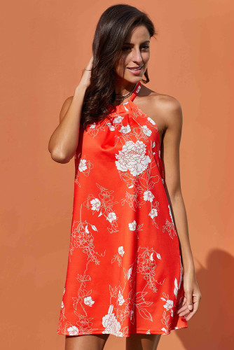 Orange Floral Print Sleeveless Mini Dress