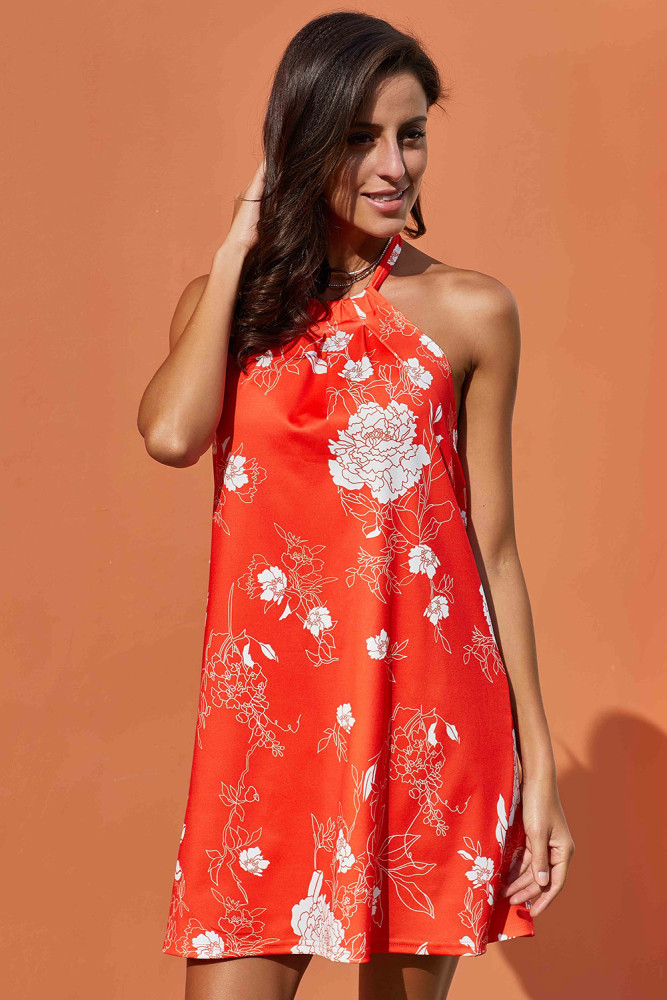 Orange Floral Print Sleeveless Mini Dress