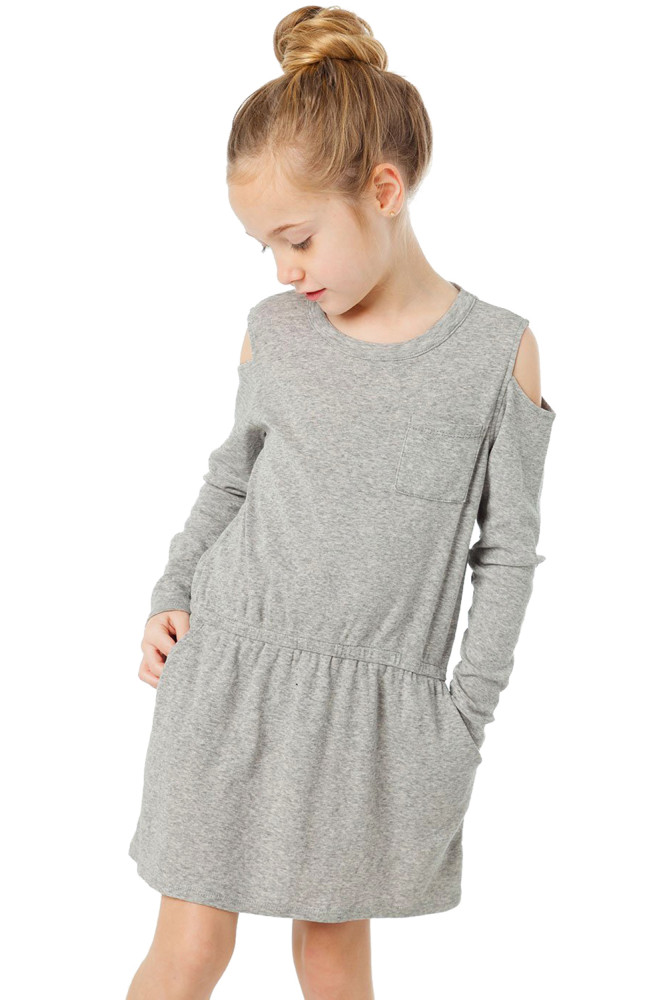 Gray Girl's Long Sleeve Cold Shoulder Dress