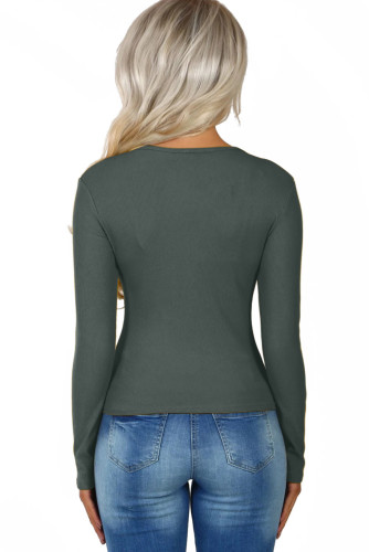 Gray Subtly Ribbed Button Front Long Sleeve Top