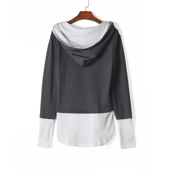 Pinstriped Patchwork Gray Thumbhole Sleeved Hoodie