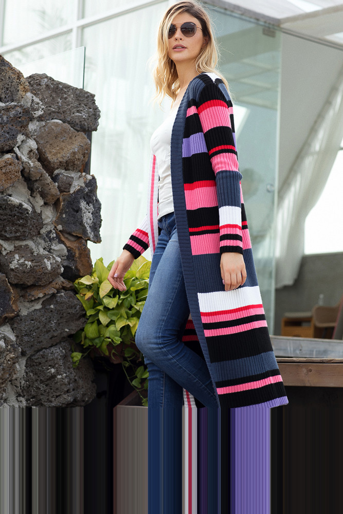 Multicolor Striped Colorblock Open Front Long Cardigan