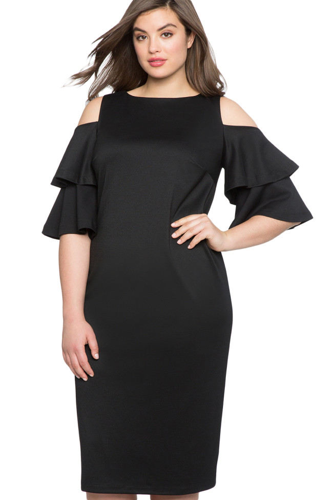 Black Plus Size Flounce Sleeve Cold Shoulder Dress