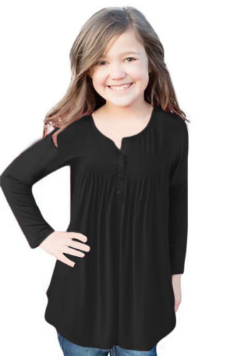 Black Long Sleeve Button Detail Pleated Little Girls Top