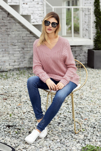 Pink Cable Knit V Neck Sweater