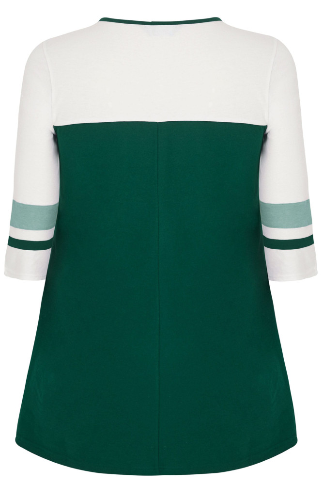 Green White Color Block Quarter Sleeved Plus Size Top