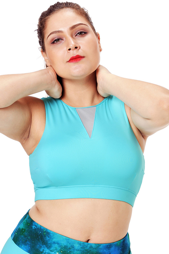 Light Blue Mesh Insert High Neck Plus Size Sport Bra