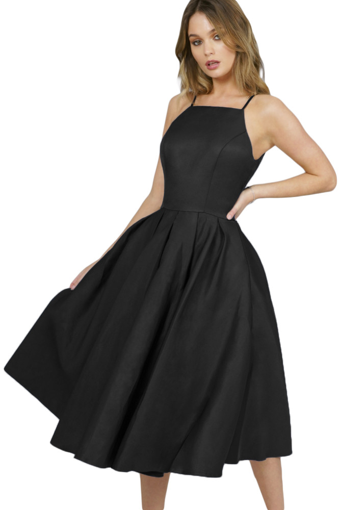 Black Spaghetti Strap High Neck Midi Dress