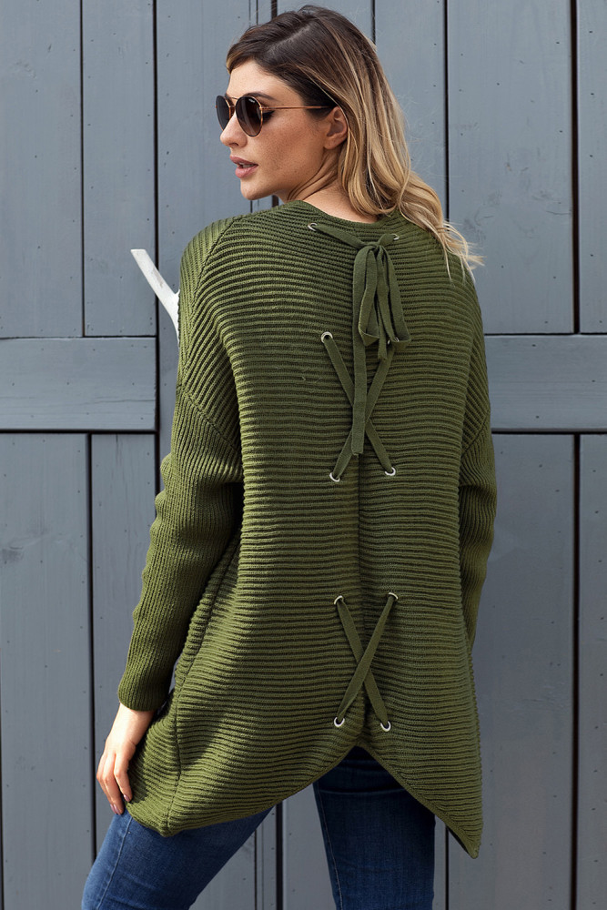 Army Green Ribbed Knit Lace Up Back Sweater Cardigan