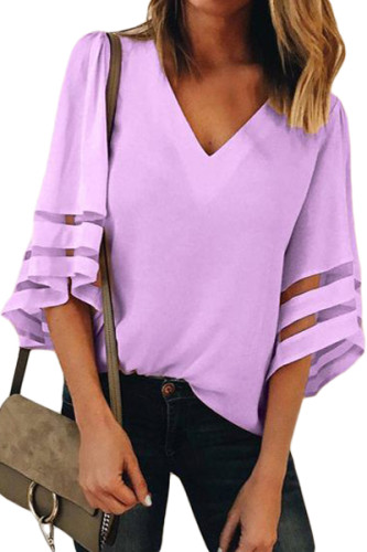 Purple Flare Sleeve V Neck Loose Blouse
