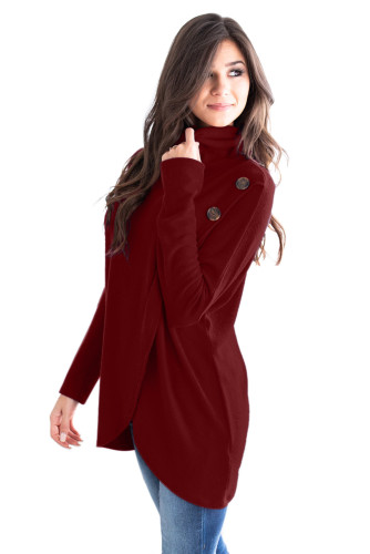 Burgundy Button Cowl Neck Overlap Tunic Top