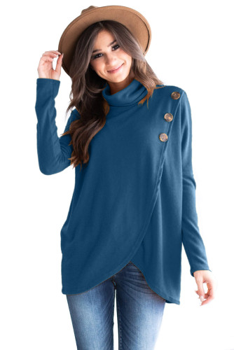 Slate Blue Button Cowl Neck Overlap Tunic Top