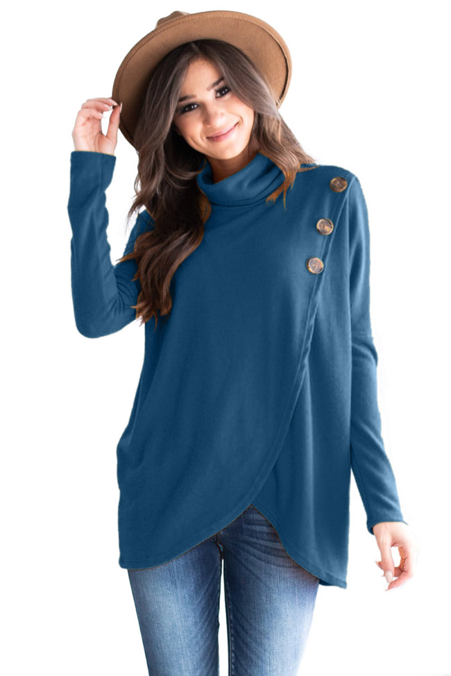Slate Blue Button Cowl Neck Overlap Tunic Top