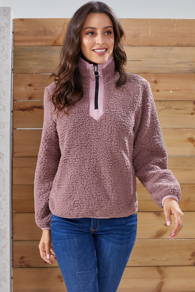 Mauve Zip Neck Furry Sweatshirt
