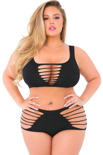 Black Slash Cutout Seamless Plus Size Lingerie Set