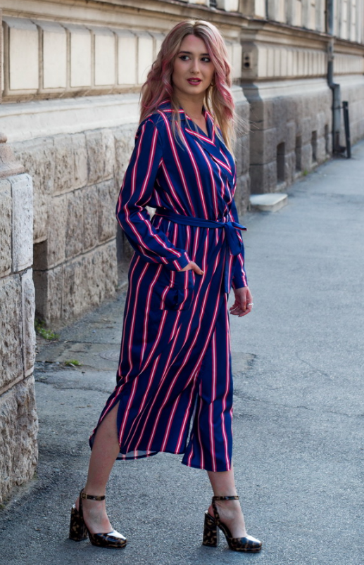 Navy Blue Multi Striped Shirt Dress with Tie
