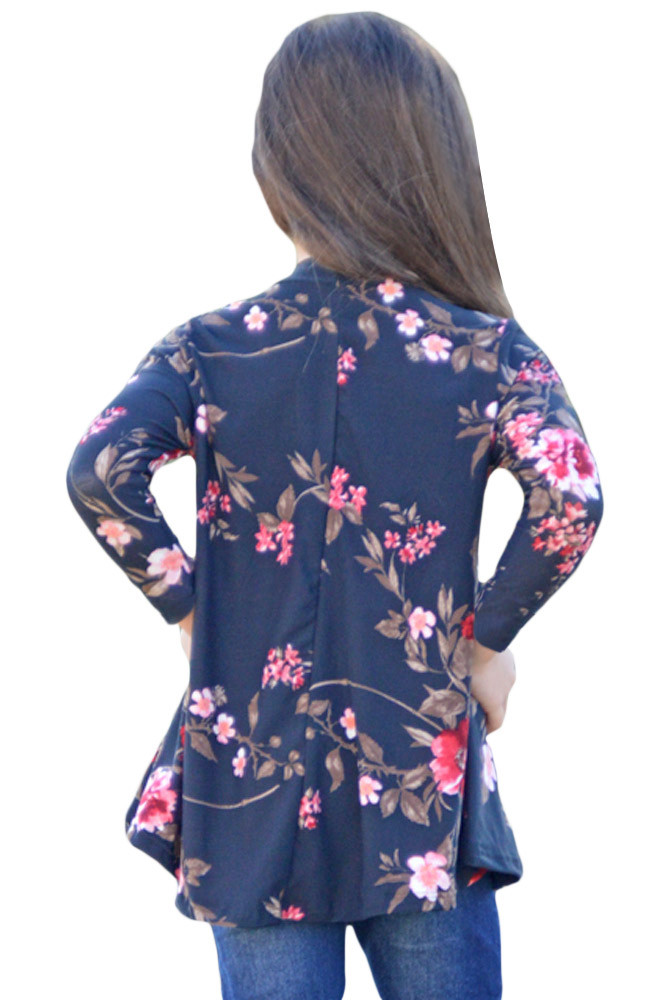 Navy Floral Key Hole Front Girl's Long Sleeve Top
