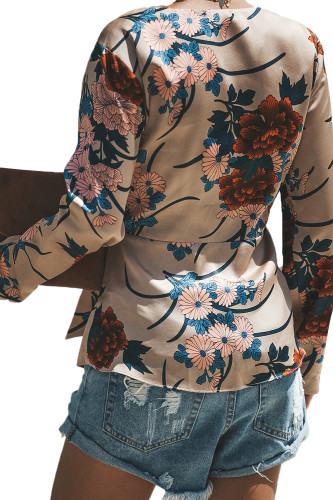 Apricot Ginger Lily Floral Wrap Tie Waist Long Sleeve Blouse