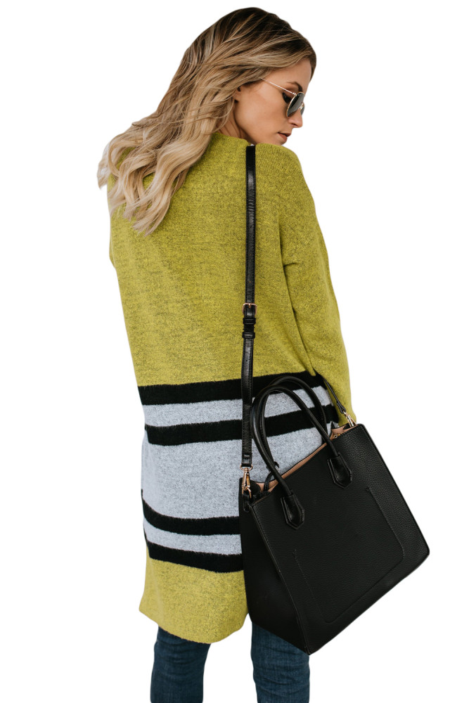 Yellow Contrast Full Sleeve Open Cardigan with Pocket