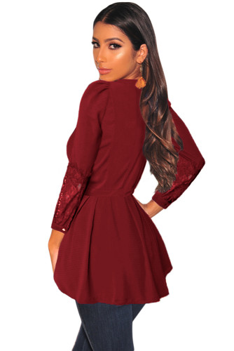 Crinkle Chest Red Lace Panel Peplum Blouse