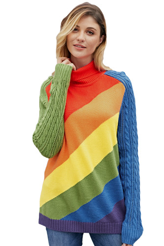 Asymmetric Cable Knit Sleeve Rainbow Striped Sweater