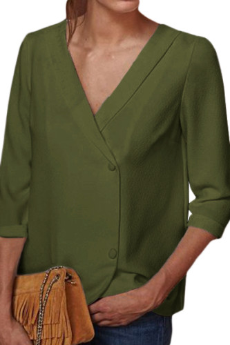 Army Green Button Back Lapel V Neck Blouse
