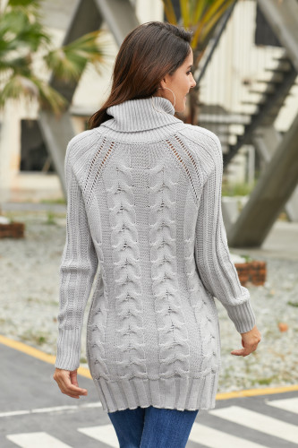 Gray Turtle Neck Long Tail Cable Sweater
