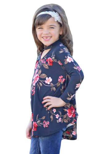 Navy Floral Key Hole Front Girl's Long Sleeve Top