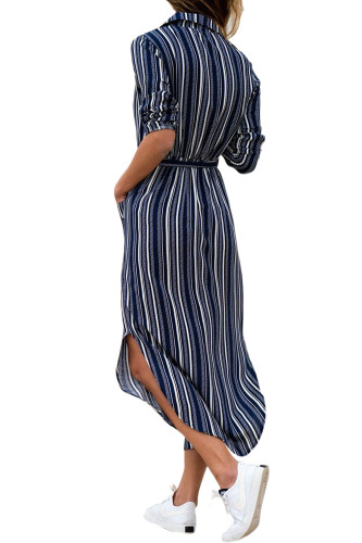 Navy White Multi Striped Shirt Dress with Tie