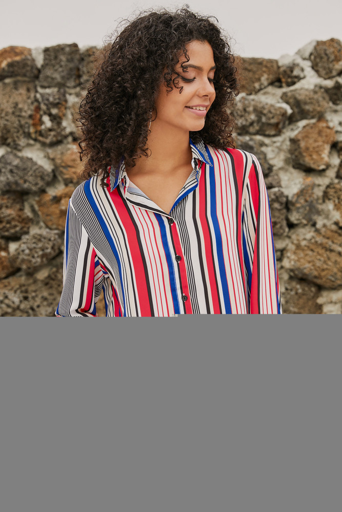 Red Blue Striped Modern Women Shirt
