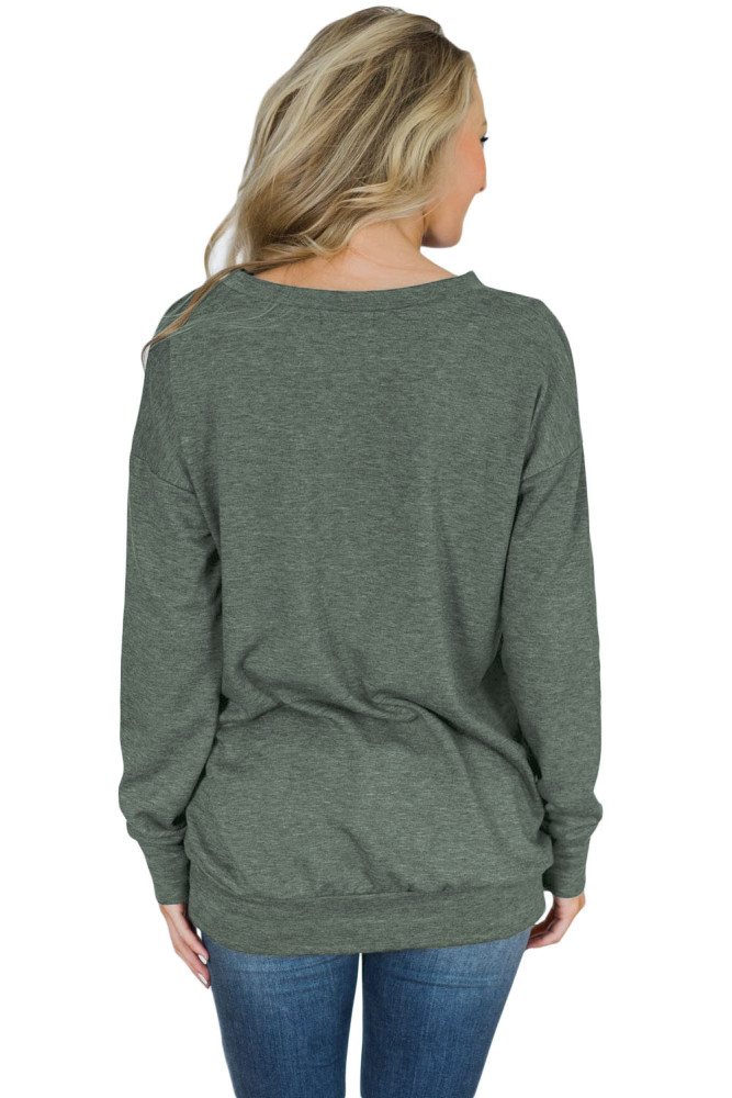 Green V Neck Criss Cross Long Sleeve Sweatshirt
