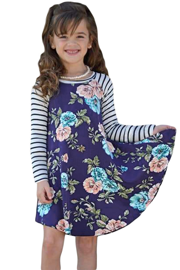 Blue Spring Fling Floral Striped Sleeve Short Dress for Kids