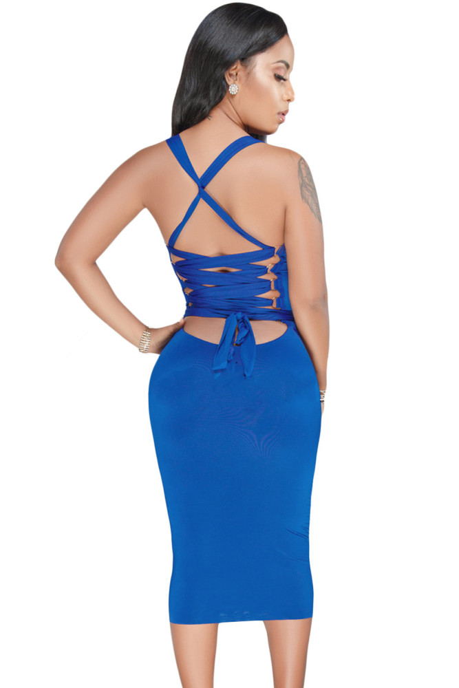 Royal Blue Lace Up Ribbon Tie Back Midi Dress