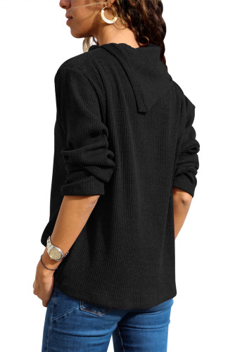 Black Asymmetric Cowl Neck Ribbed Knit Top