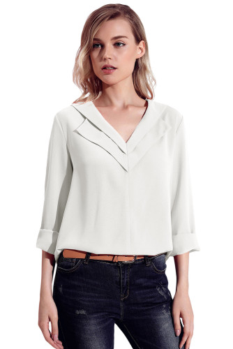 White Lapel V Neck Roll Sleeve Blouse