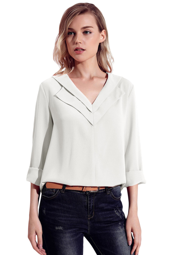 White Lapel V Neck Roll Sleeve Blouse