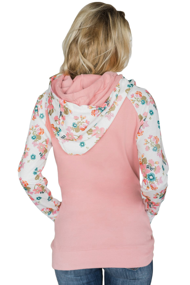 Floral Splice Pink Striped Drawstring Hoodie