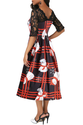 Vintage Snowman Plaid Christmas Print Flared Dress