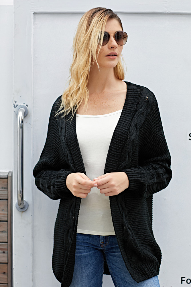 Black Chunky Wide Long Sleeve Knit Cardigan