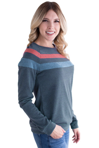 Bicolor Striped Atop Navy Casual Sweatshirt