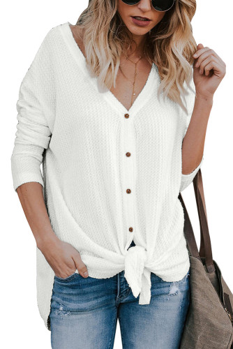 White Waffle Knit Button Front Blouse